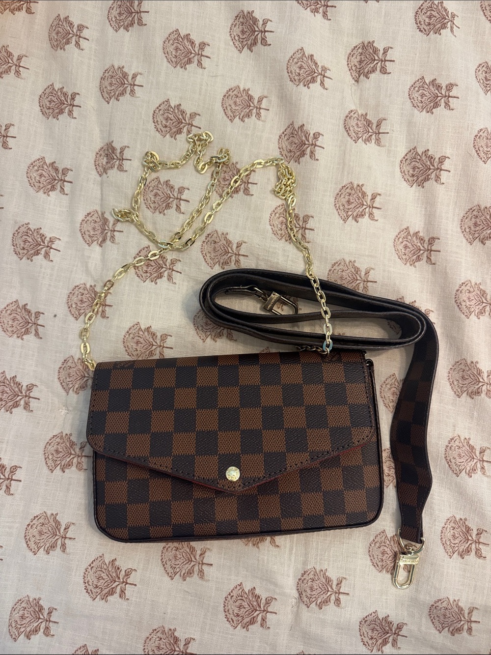 Checkered Brown Envelope Crossbody Bag with Gold Chain